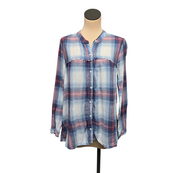 Cloth & Stone Shirt Womens Small Blue Red Plaid Button Up Long Sleeve Frayed Hem - Picture 1 of 10